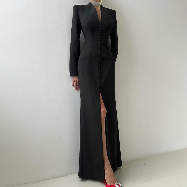 Black Solid polyester bodycon maxi dress with split detail front view