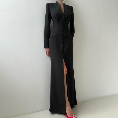 Black Solid polyester bodycon maxi dress with split detail front view