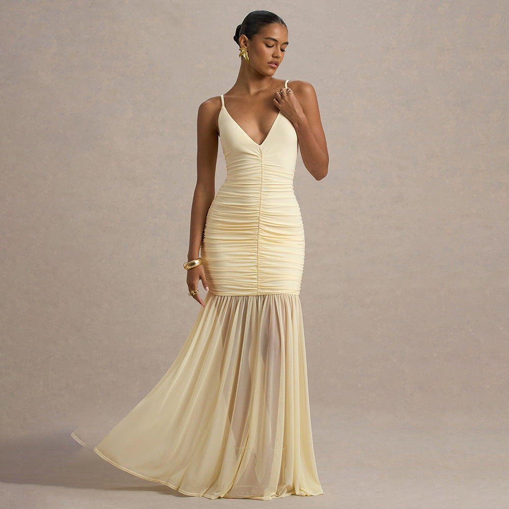 Deep V Plunge Pleated Stitched Backless Maxi Dress