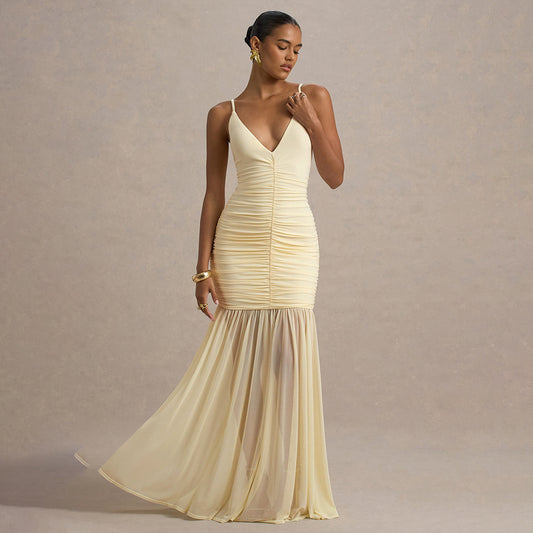 Deep V Plunge Pleated Stitched Backless Maxi Dress
