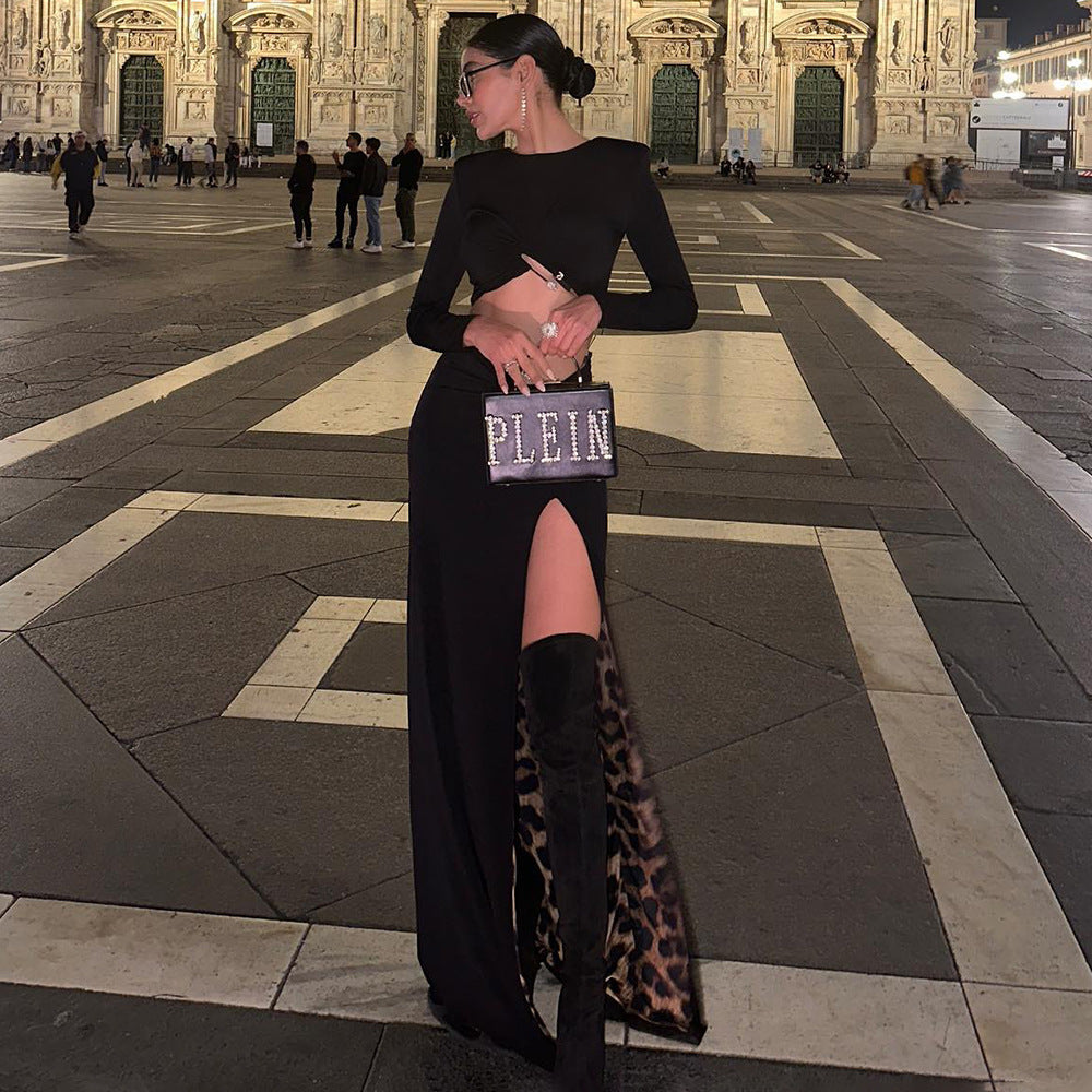 Black Leopard Print Lining Two-Piece Skirt Set