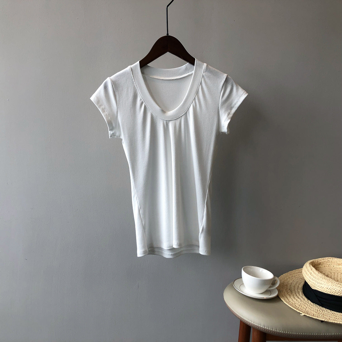 Women Solid Stretch T shirt  U Collar