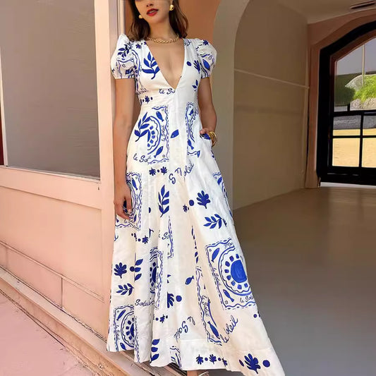 Low V Neck Printed Puff Sleeve Large Swing Cotton Linen Dress