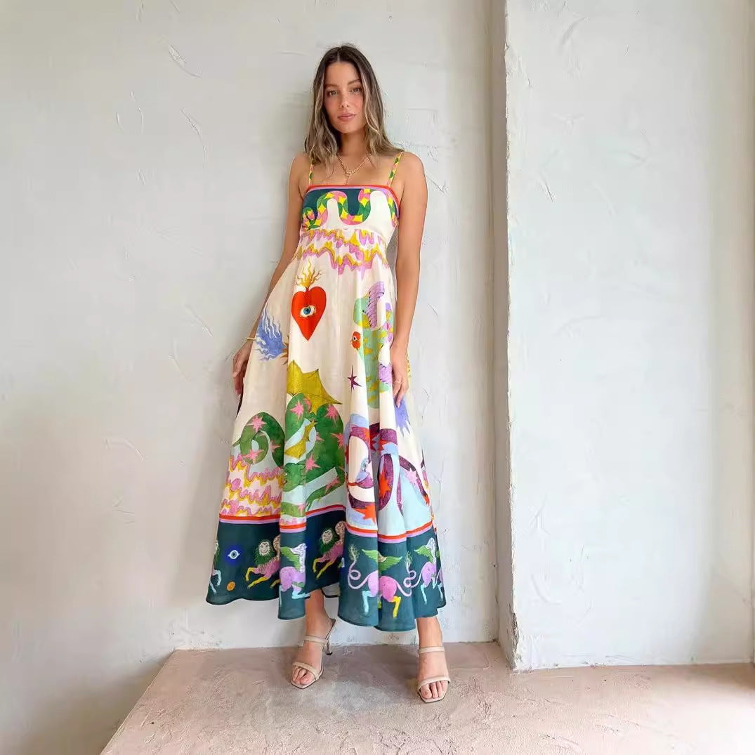 Spaghetti Strap Floral Print Linen  Swing Dress