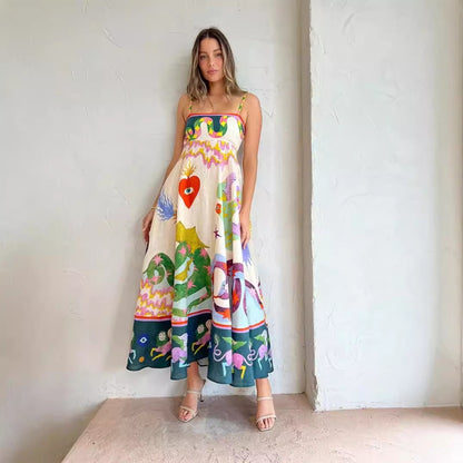 Spaghetti Strap Floral Print Linen  Swing Dress
