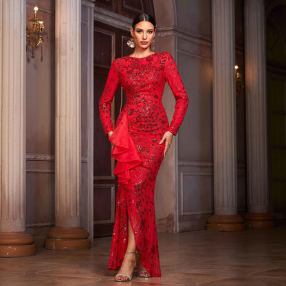 Long Sleeved round Neck Lace Cocktail Sequined Split Evening Dress