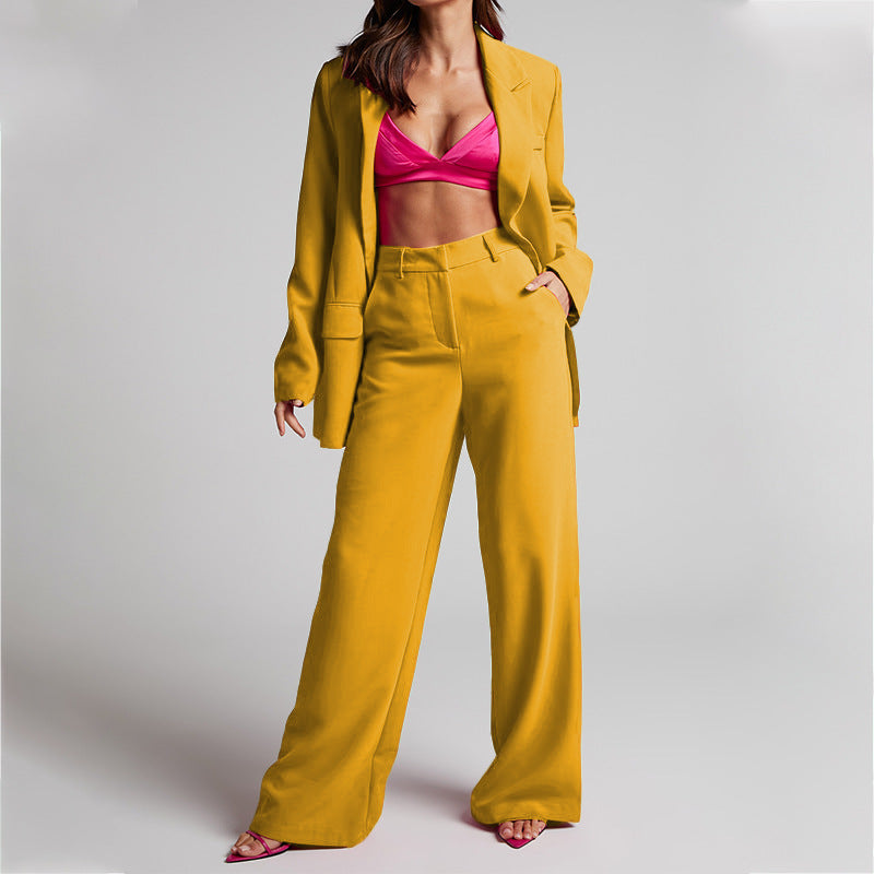 Collared Long Sleeve High Waist Trousers Two Piece Set