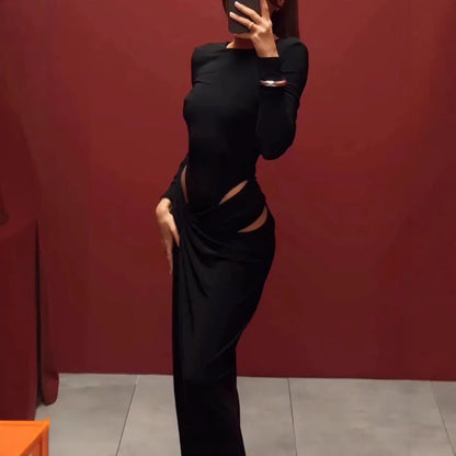 Fashionable Long Sleeve Hollow Cutout Solid Color Dress