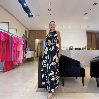 "Black and White Printed Strap Mop Dress"