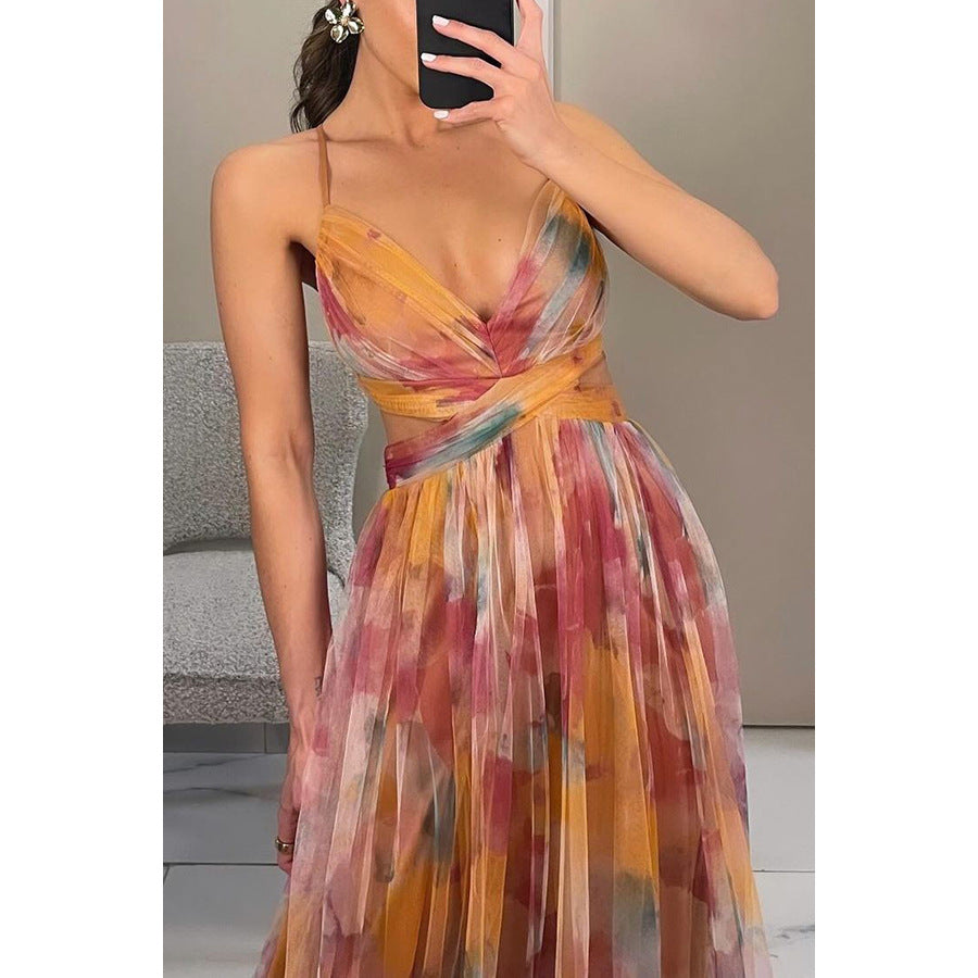 Mesh Printing Slip Party  Dress