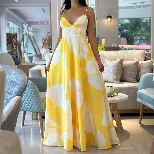 Spring Sexy Print Sling High Waist Mid Length Dress