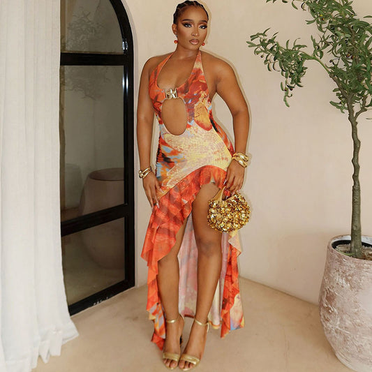 Summer Printed Halter Backless Contrast Color Ruffled Dress