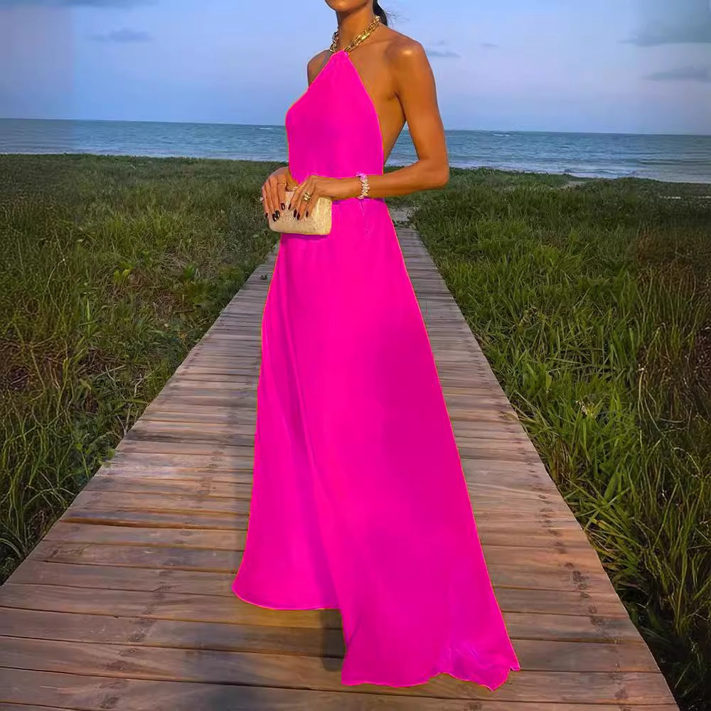 Solid Color Halter Large Swing Backless Mop Maxi Dress