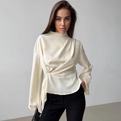 "French Chiffon Bell Sleeve Pleated Split Top"