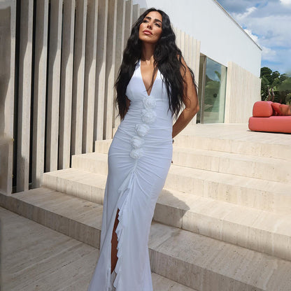 Halter Deep V Plunge neck Backless Maxi Dress