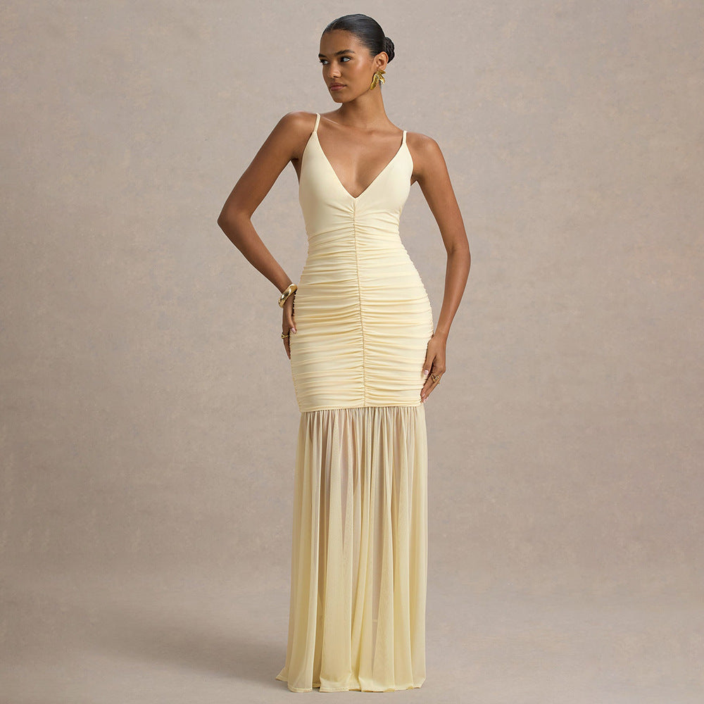 Deep V Plunge Pleated Stitched Backless Maxi Dress