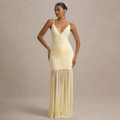 Deep V Plunge Pleated Stitched Backless Maxi Dress