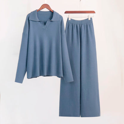 "Knitted Polo Collar Sweater & Wide Leg Trousers Set"