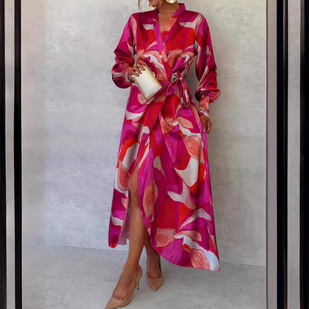 V Neck Self Tie Slit Long Sleeve Dress