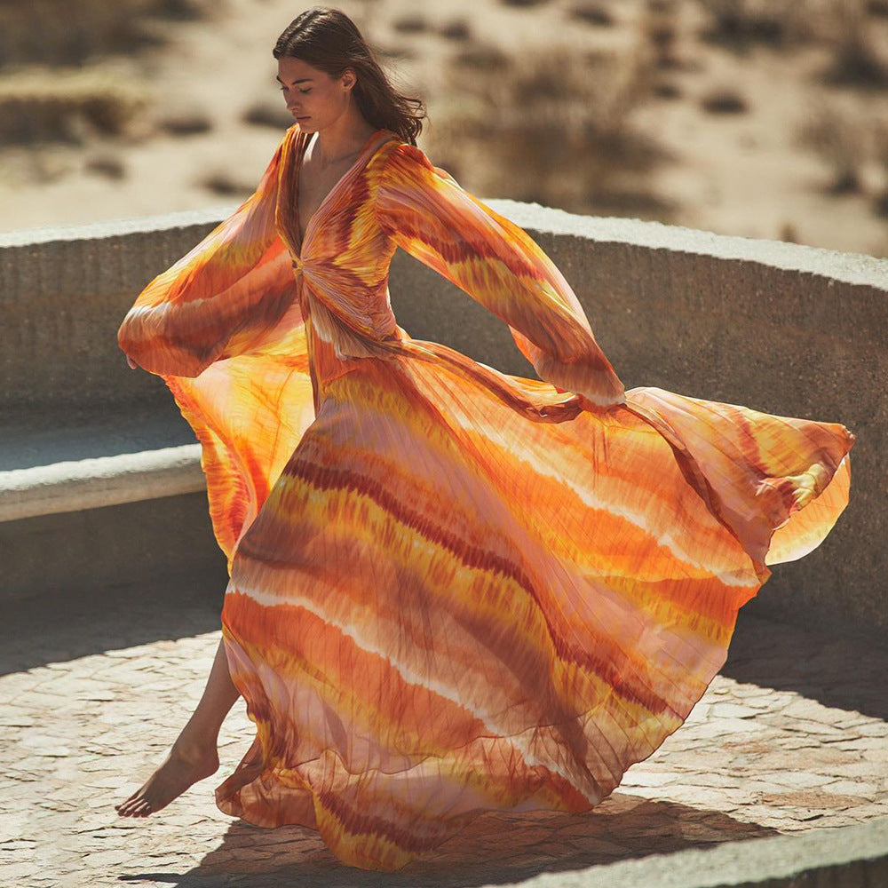 V Neck Long Sleeve One Piece  Vacation  Dress
