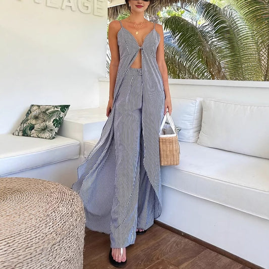 Sleeveless Striped Spaghetti Straps  Two Piece Sets