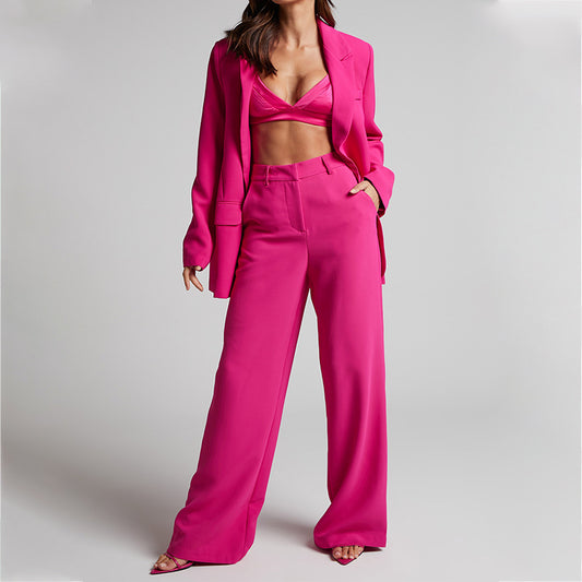 Collared Long Sleeve High Waist Trousers Two Piece Set