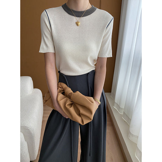 "Retro Contrast Color Round Neck Knitted Short Sleeve Top"