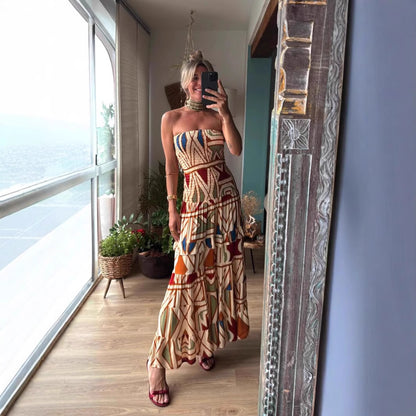 Retro Boho High Waist Printing Slip Dress