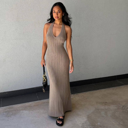 V Neck Slimming Knitted Long Backless Dress