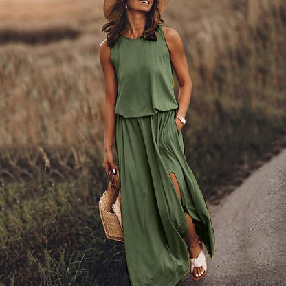 blackish green Sleeveless polyester split dress 