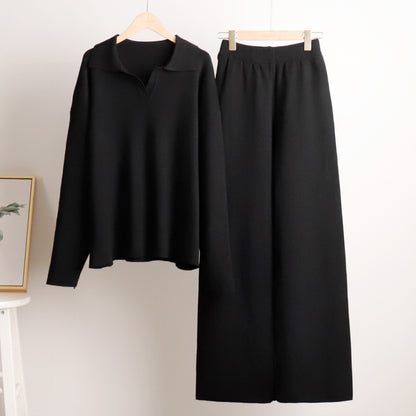 "Knitted Polo Collar Sweater & Wide Leg Trousers Set"