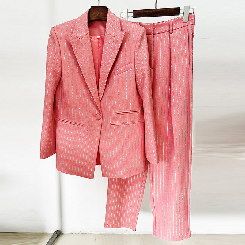 Loose-Fit Rhinestone Blazer and Trousers Set