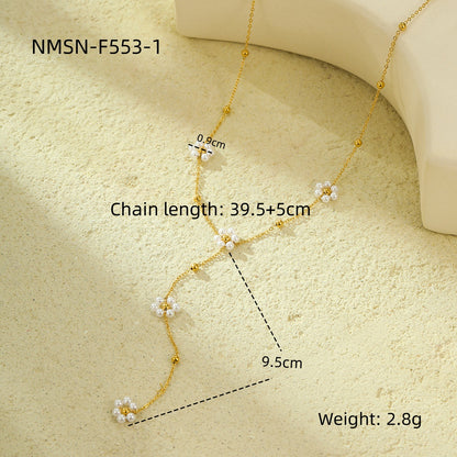 "Stainless Steel Pearl Floral Tassel Necklace – Non-Fading Jewelry"