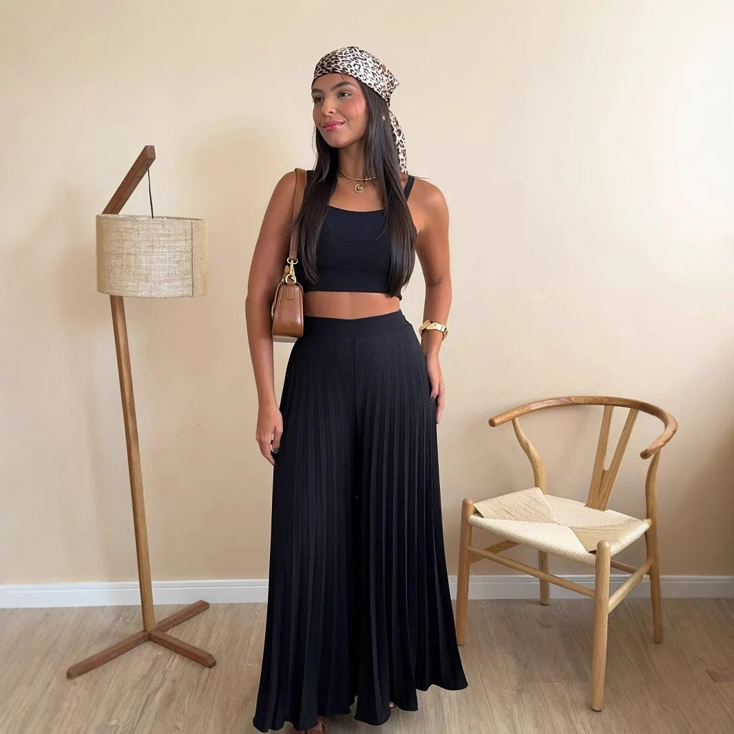 Pleated Loose Wide Leg Pants Two Piece Set