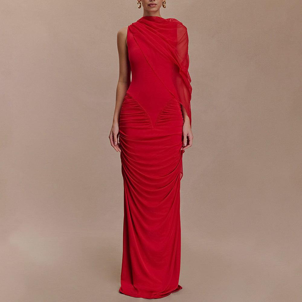 Fashionable Pleated Mesh Shawl  Sheath round Neck Slim Dress