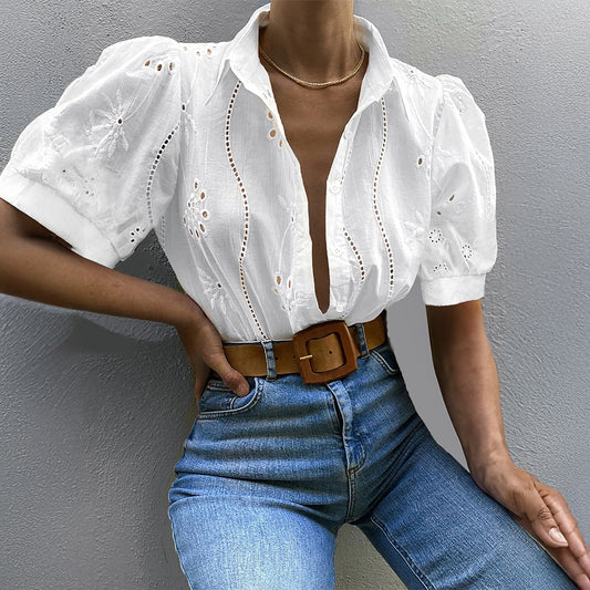 White Women’s elegant short sleeve collared shirt