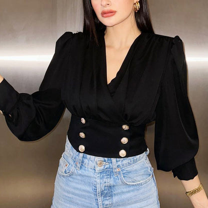 "Sexy V-Neck Puff Sleeve Long Sleeve Shirt for Women"
