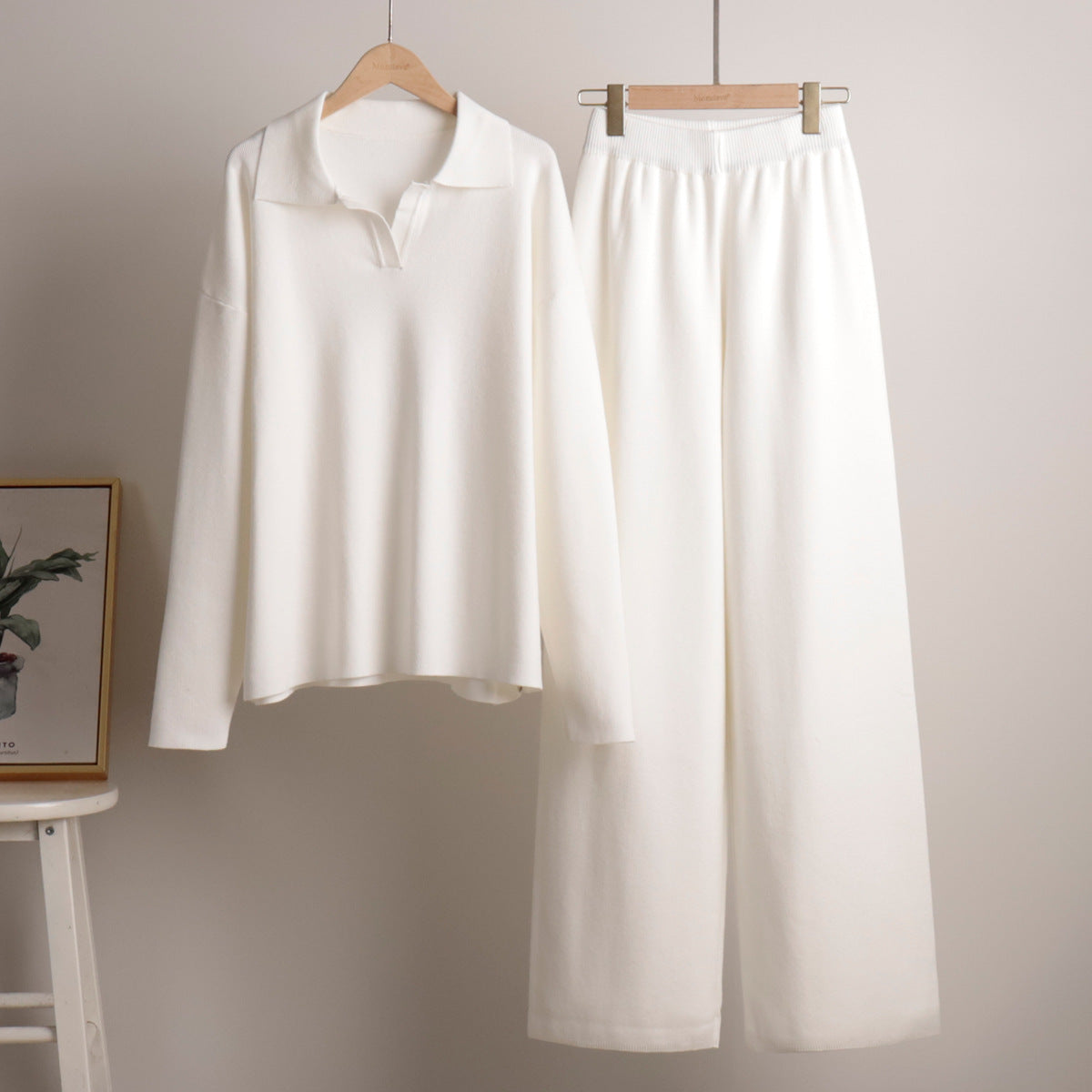 "Knitted Polo Collar Sweater & Wide Leg Trousers Set"
