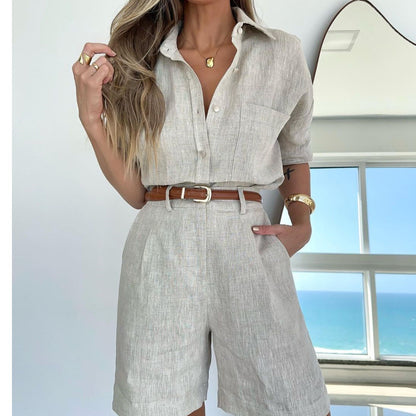 Solid Color Casual Long Sleeve Shirt  Shorts  Set