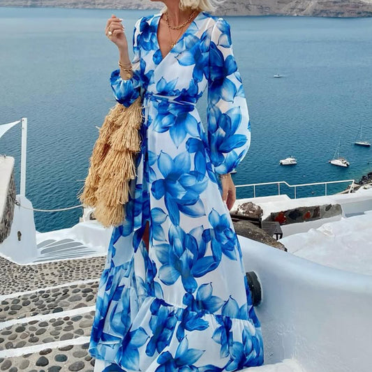 V neck Long Sleeve Vacation Printed Dress