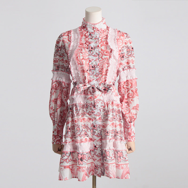 Short Dress Stand-up Collar  Lace up