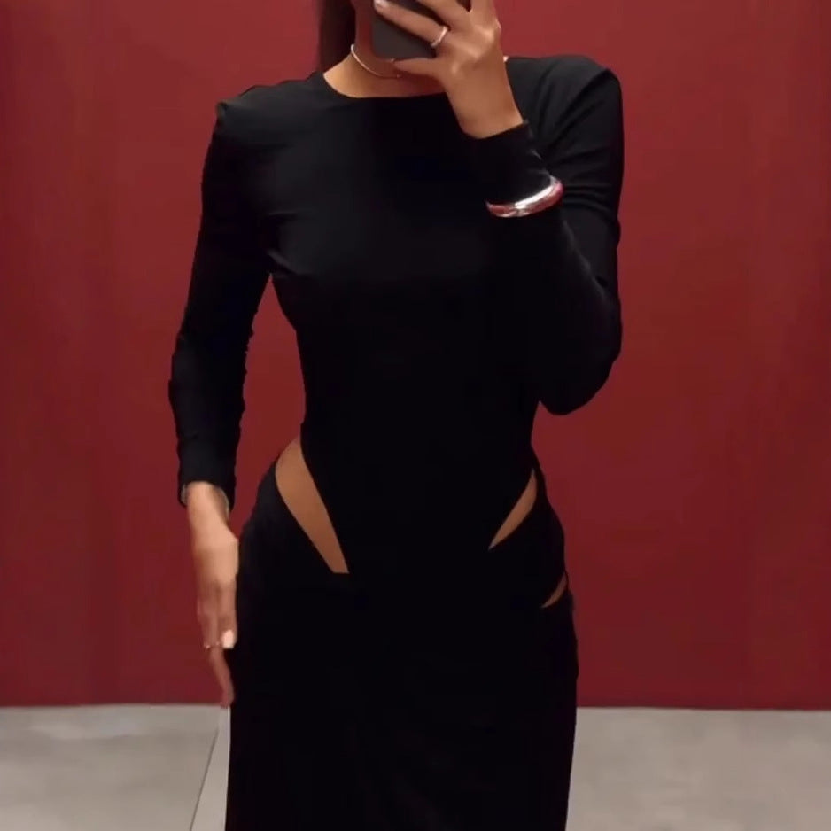 Fashionable Long Sleeve Hollow Cutout Solid Color Dress