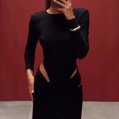 Fashionable Long Sleeve Hollow Cutout Solid Color Dress