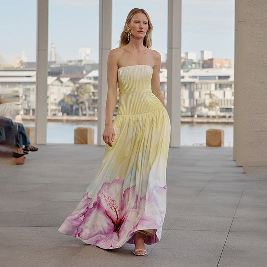 Summer Floral Print Pleated Slim Sleeveless Dress