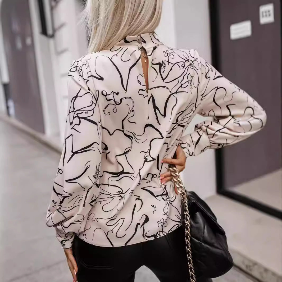 Printed Turtleneck Elegant Long Sleeve Top
