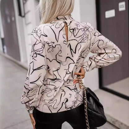 Printed Turtleneck Elegant Long Sleeve Top