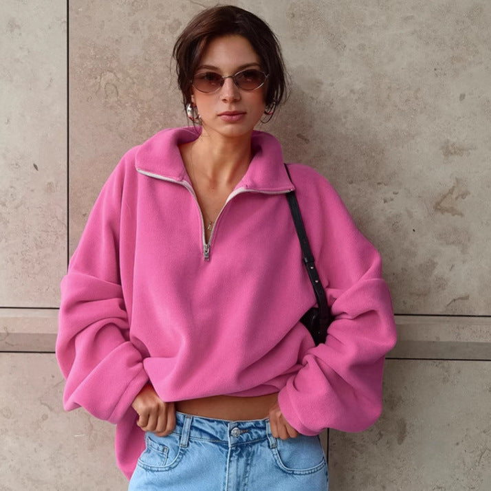 " Women Pink Collared Fleece Sweater "
