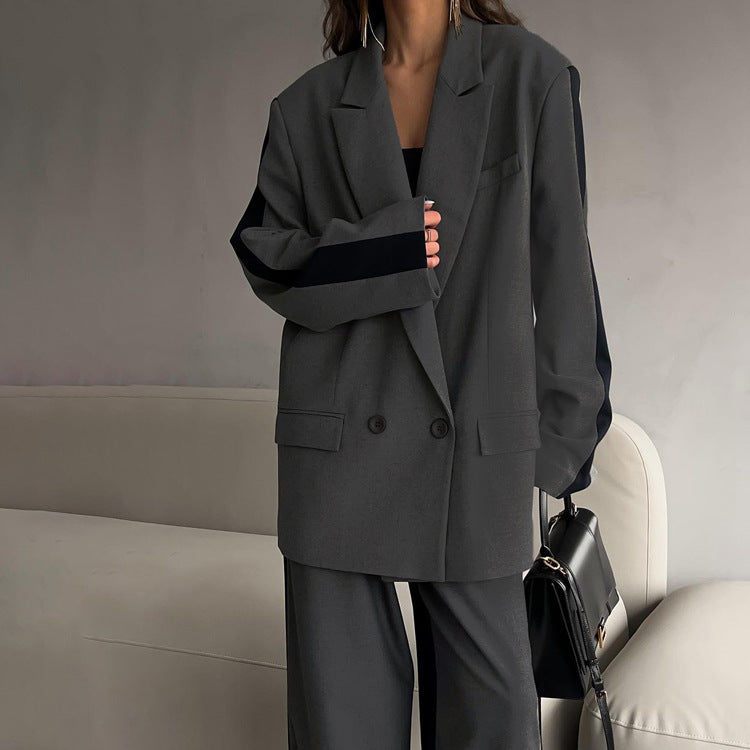 "Office Loose Women Contrast Color Coat & Wide Leg Pants Set"