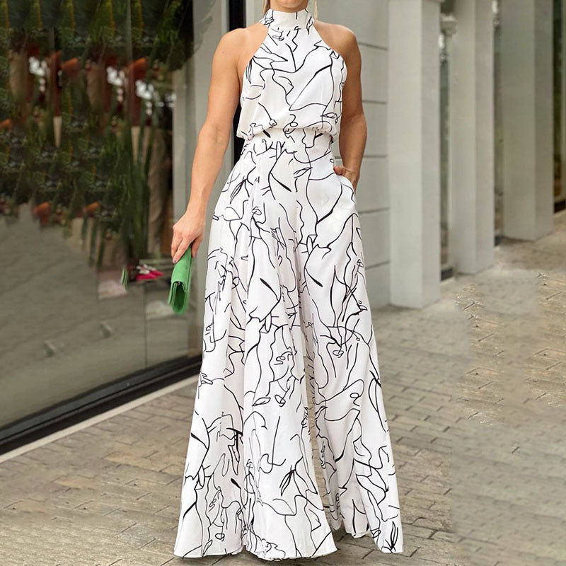 High Waist Lace up Sleeveless Halter Trousers Jumpsuit