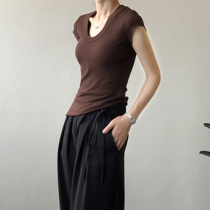 Women Solid Stretch T shirt  U Collar